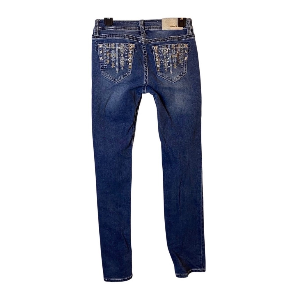 Grace in LA Womens Embroidered Sequin Skinny Jeans Medium Wash Size 27x32